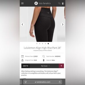NWT Lululemon Align High-Rise Pant 28"
Leopard Daisy Emboss Black